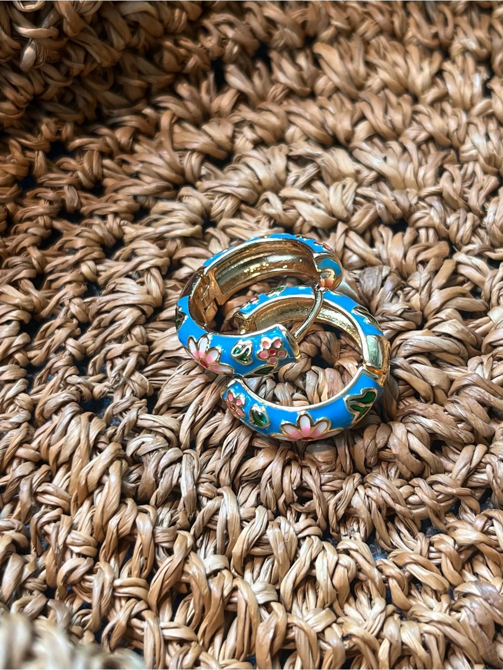 Blue Floral Enamel Hoop Earrings Gold Tone Colorful Statement Jewelry
